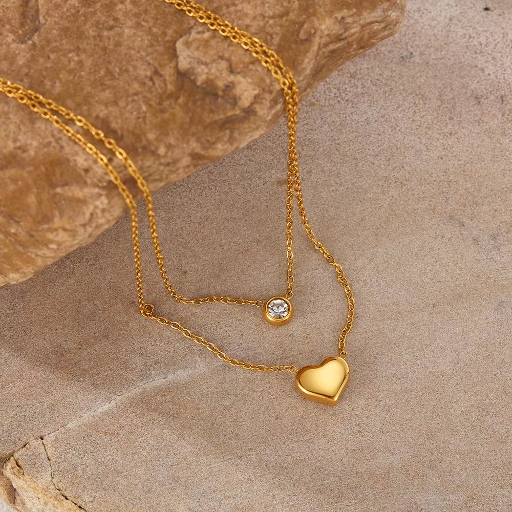 Gold Plated Necklace Customized Logo Wholesale Necklace CZ Stainless Steel Women Jewelry Heart Pendant Double Layer Chain