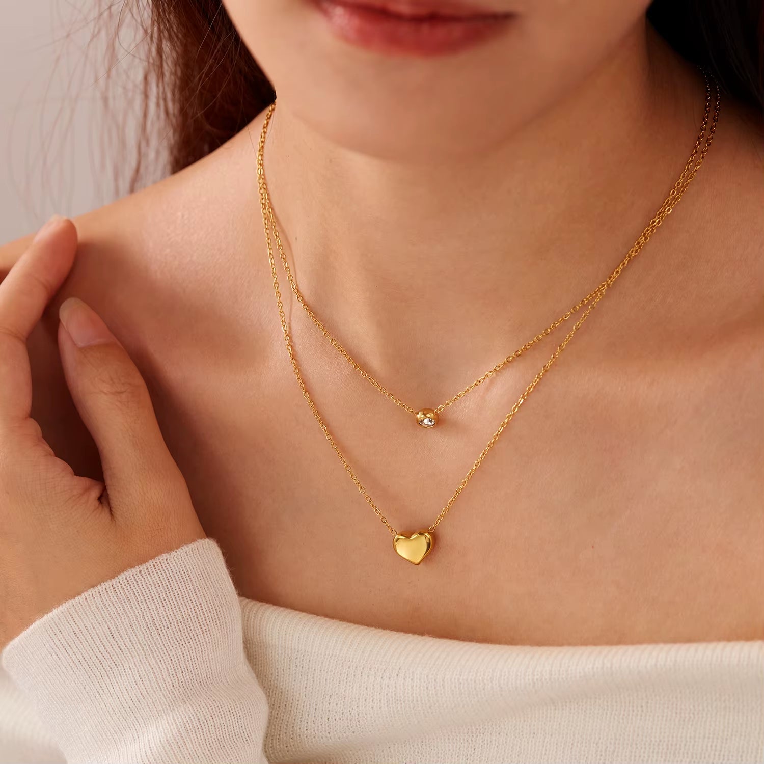 Gold Plated Necklace Customized Logo Wholesale Necklace CZ Stainless Steel Women Jewelry Heart Pendant Double Layer Chain