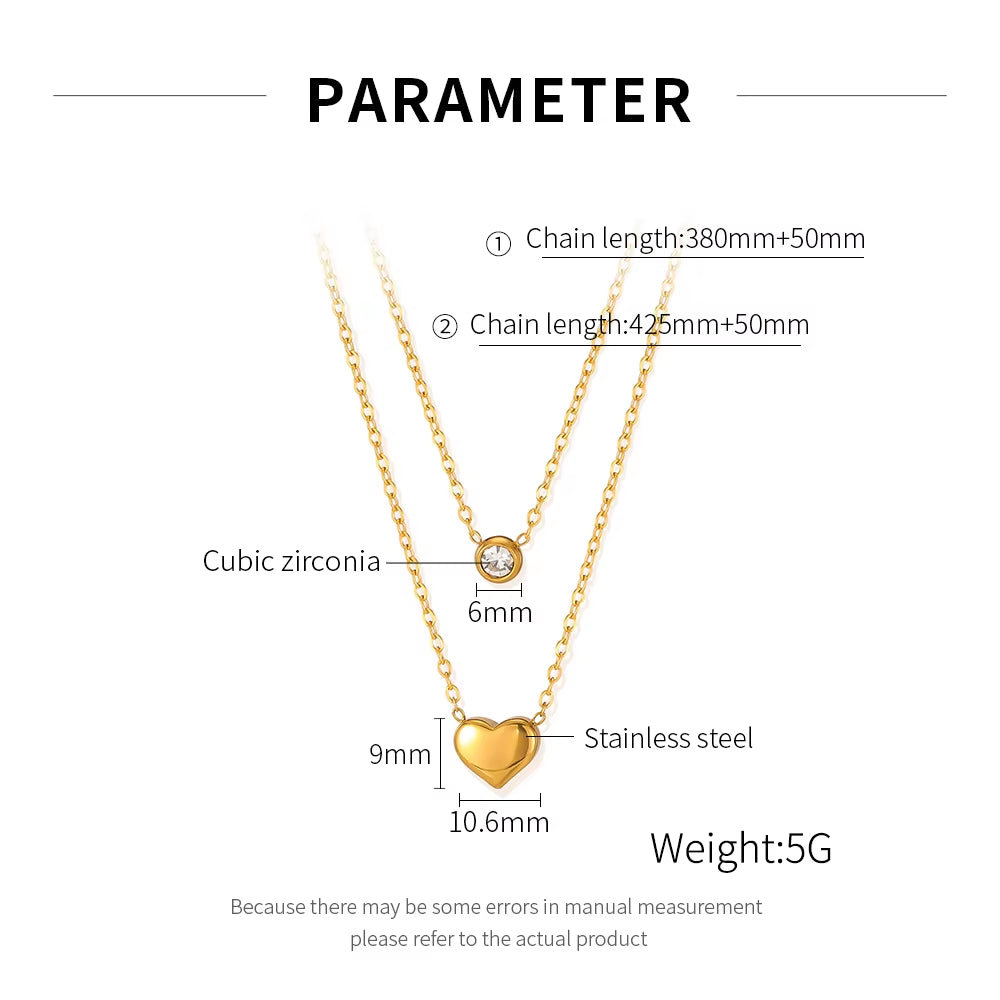 Gold Plated Necklace Customized Logo Wholesale Necklace CZ Stainless Steel Women Jewelry Heart Pendant Double Layer Chain
